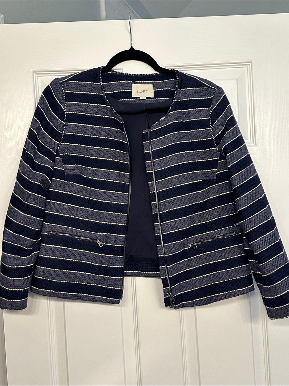 LOFT Navy & White Striped Collarless Zip Blazer